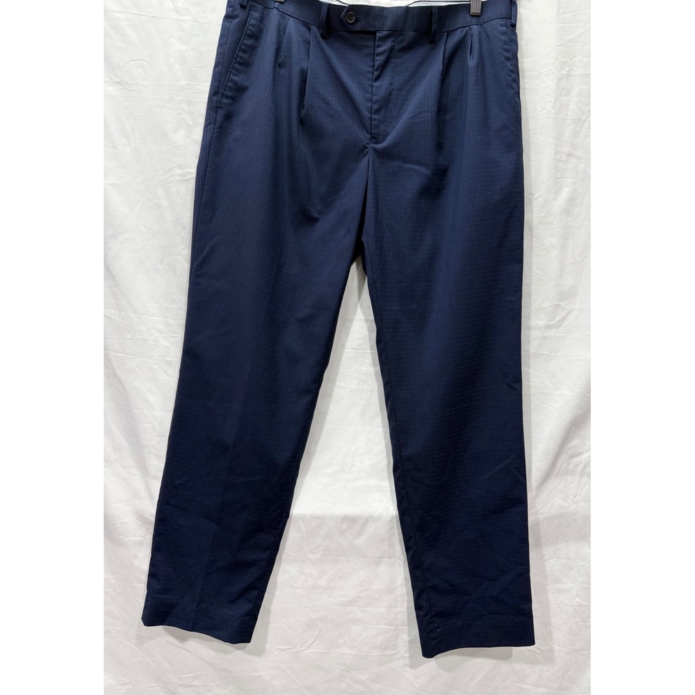 Ralph Lauren Mens Navy Blue Pleated Dress Pants Micro Check Trousers 37x30